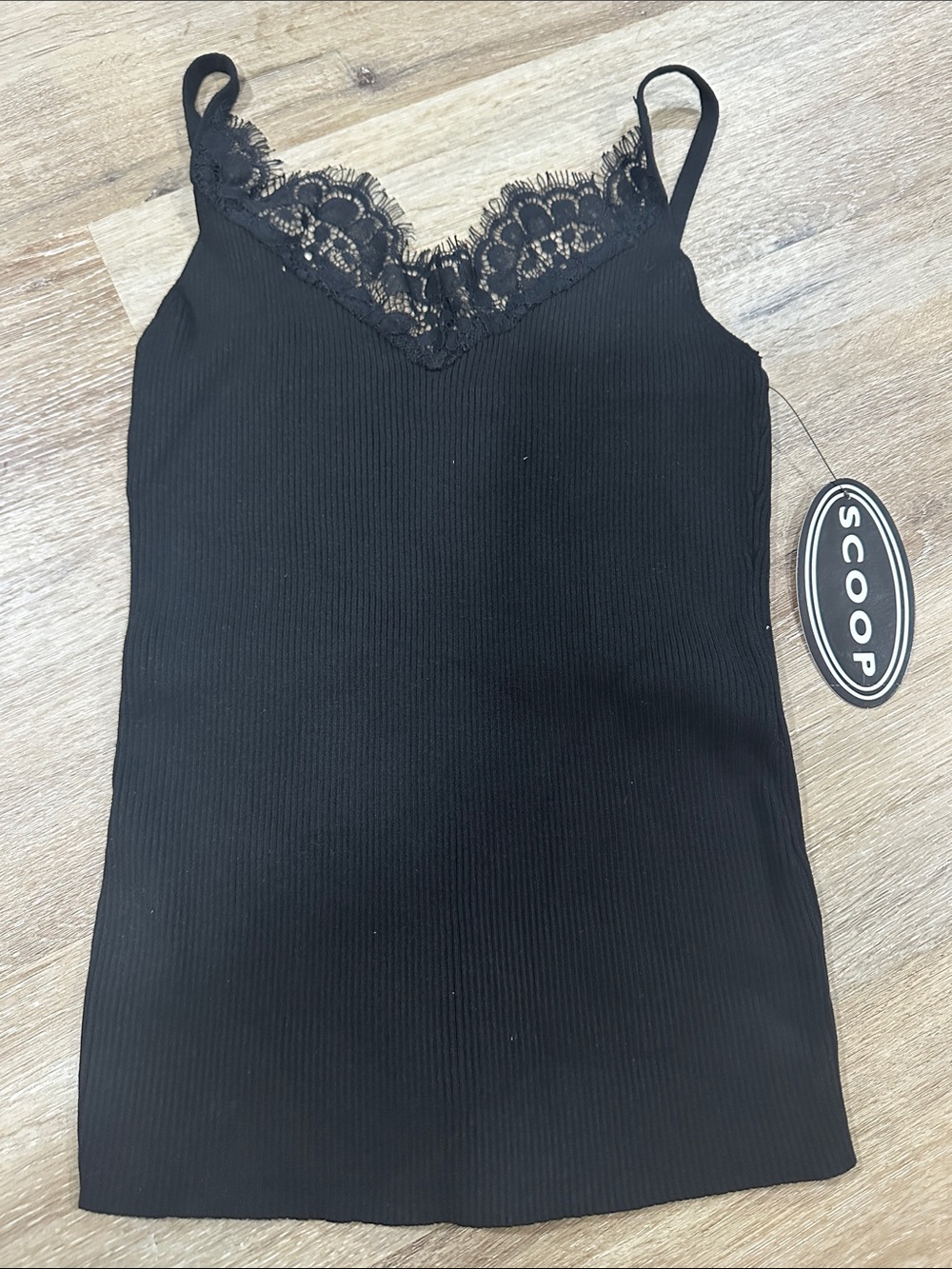 Scoop Lace-Trim Black Ribbed Cami Tank